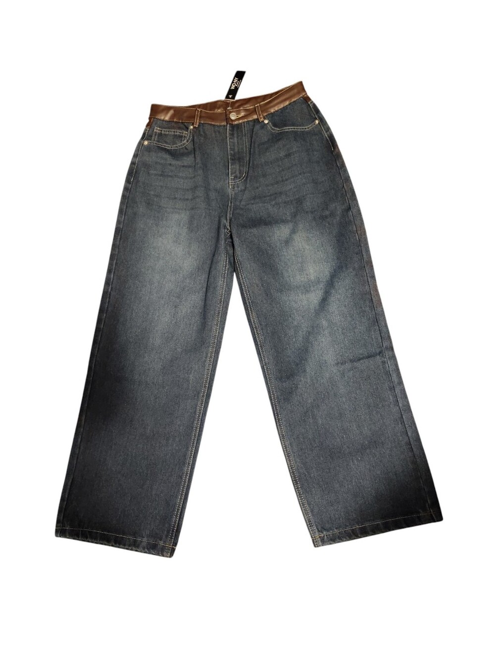 WD-NY Black Wide-Leg Denim Jeans with Brown Faux Leather Waistband, NWT